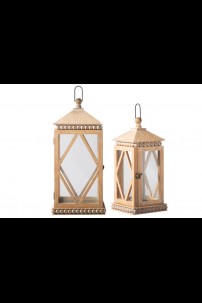 **NEW** SET OF 2 BEADED DETAIL WOODEN LANTERNS SHIP PALLET ONLY[479384]